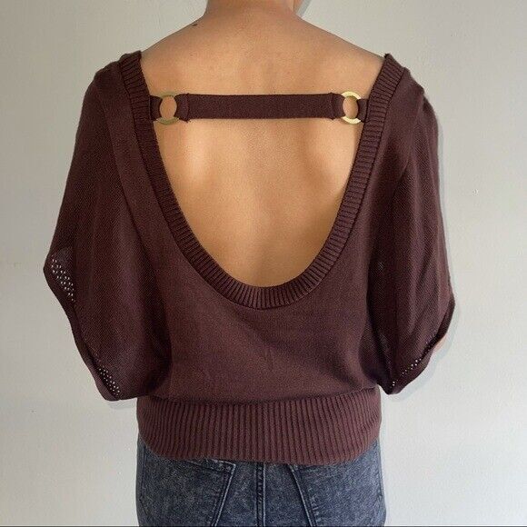 Windsor Brown Knit Sweater Top L Open Back Short Butterflies Sleeves Scoop Neck - Picture 9 of 12